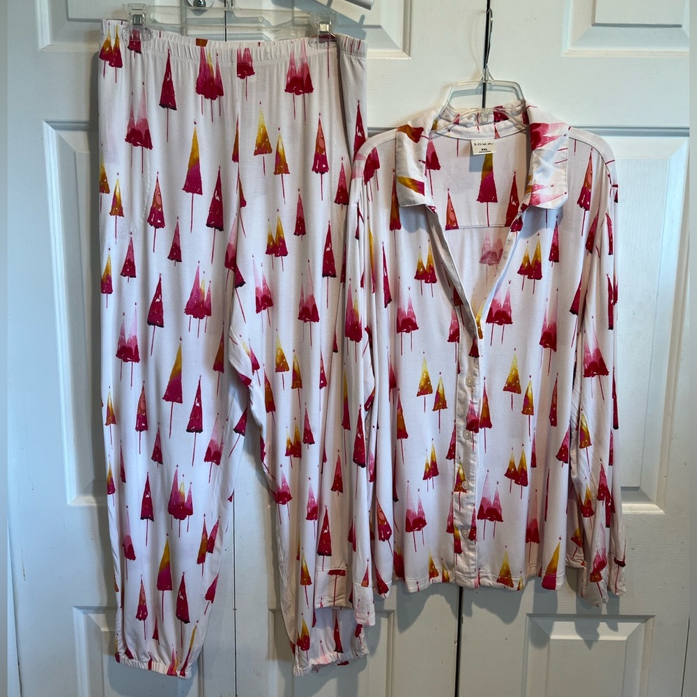 Soma White Pajama Set with Pink and Gold Tree Print